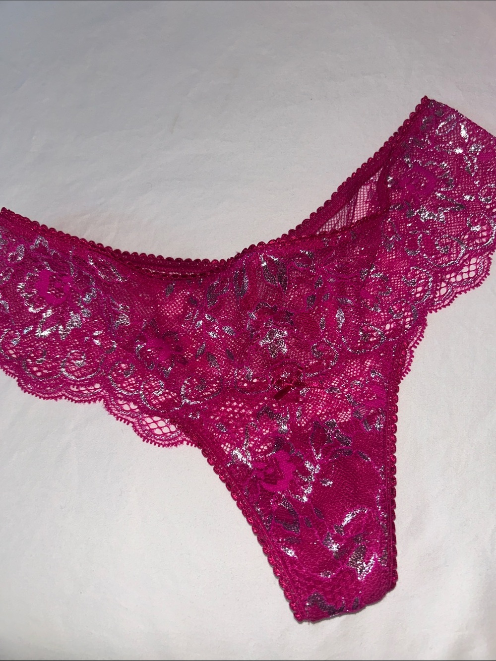 Victoria's Secret fuchsia silver shimmering Lace thong